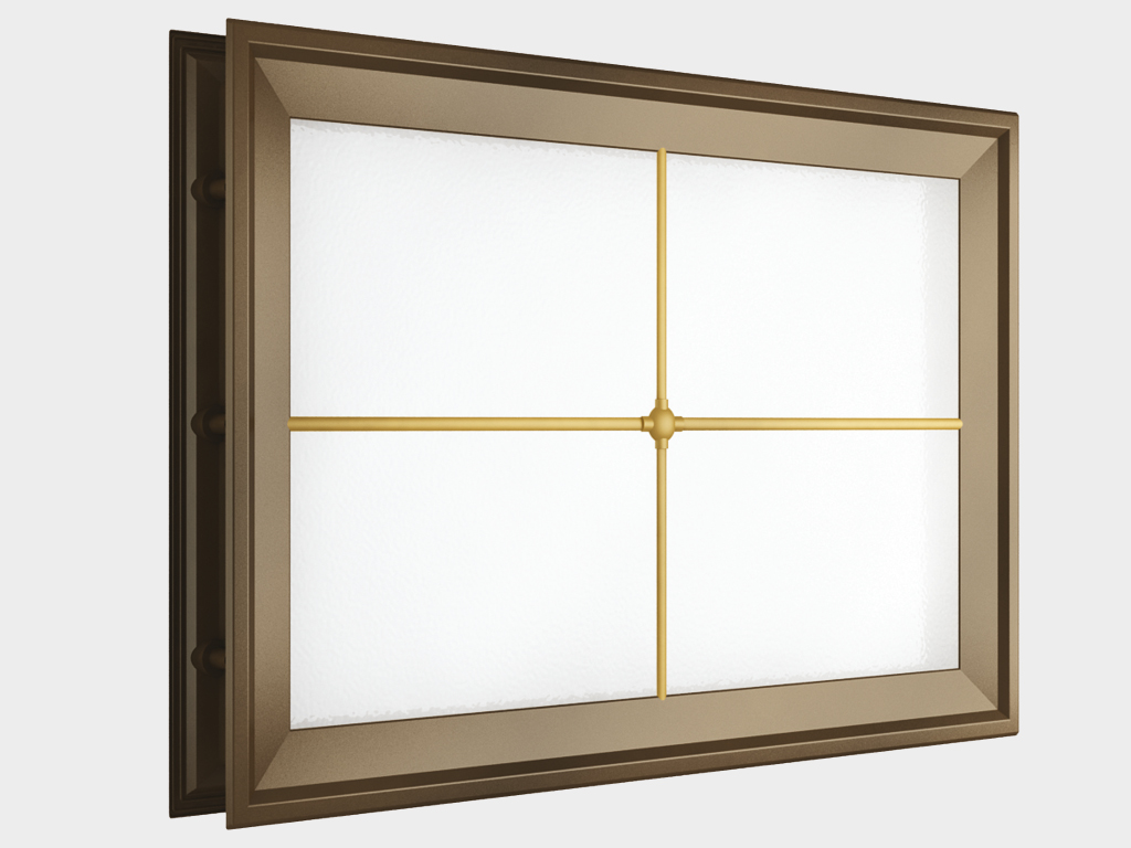 Acrylic window 452 x 302, brown with a cross layout (art. DH85628). The special design ensures a tight fit to the door leaf, which protects it from freezing and heat loss. Stylistic insert in the shape of a cross. Brown edging.